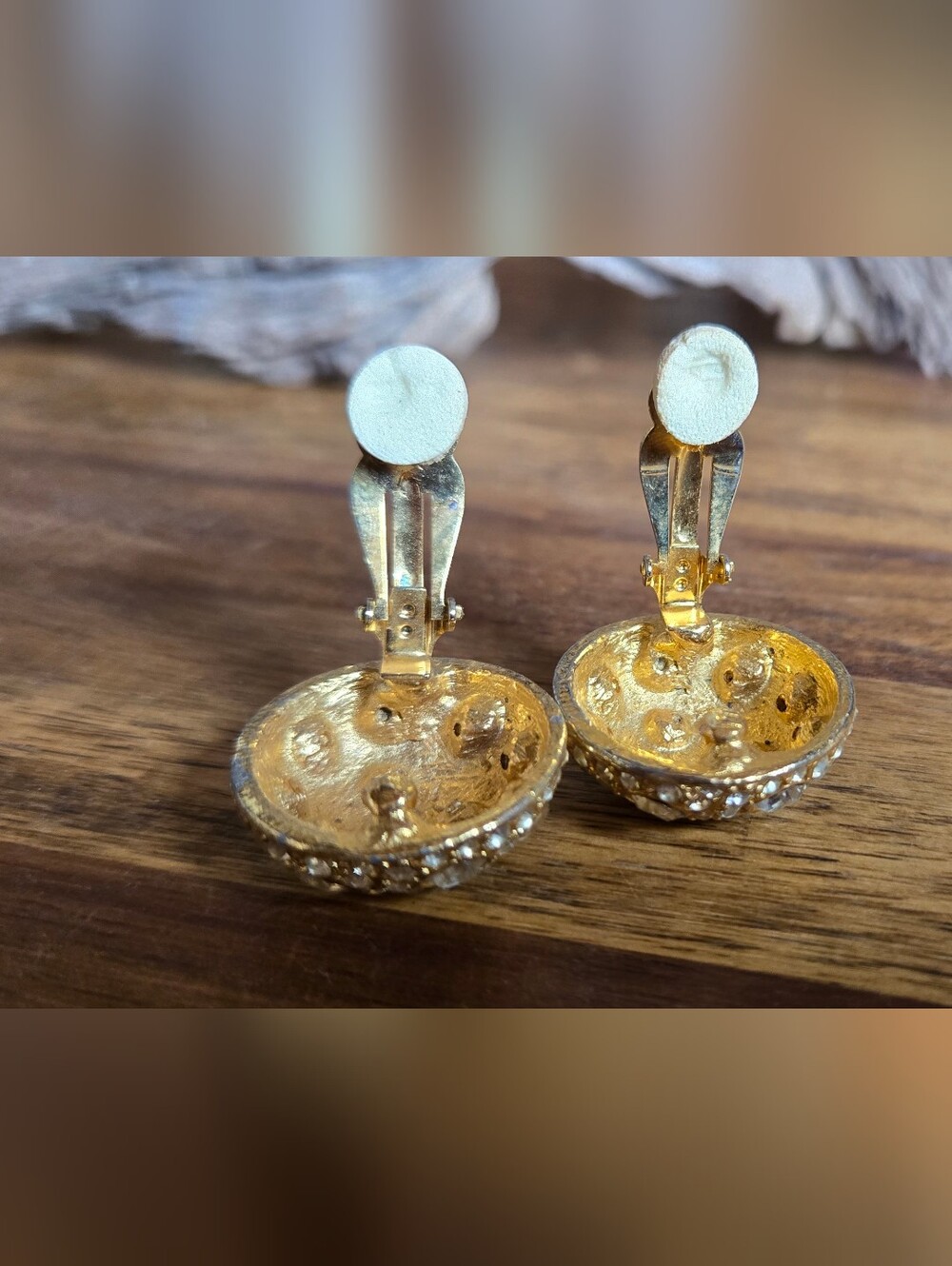Vintage Gold-Tone Rhinestone Dome Clip-On Earrings 1" Round - Picture 3 of 4